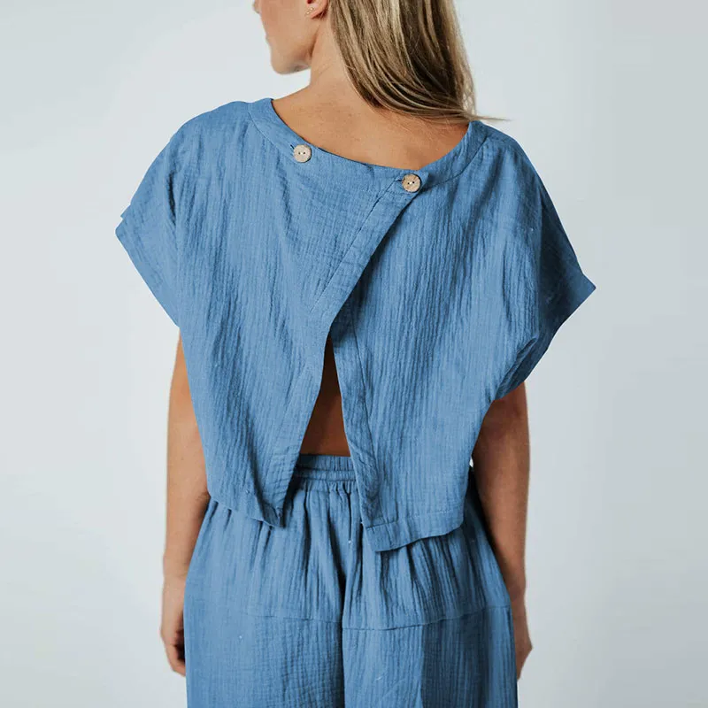Pleated Loose Button Slit Jumpsuit