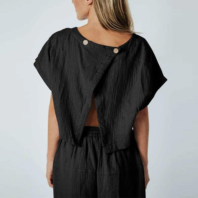 Pleated Loose Button Slit Jumpsuit