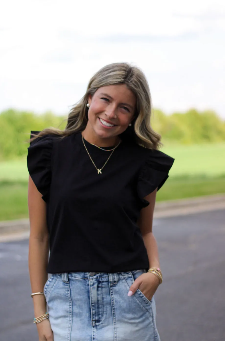 Poplin Ruffle Black Top