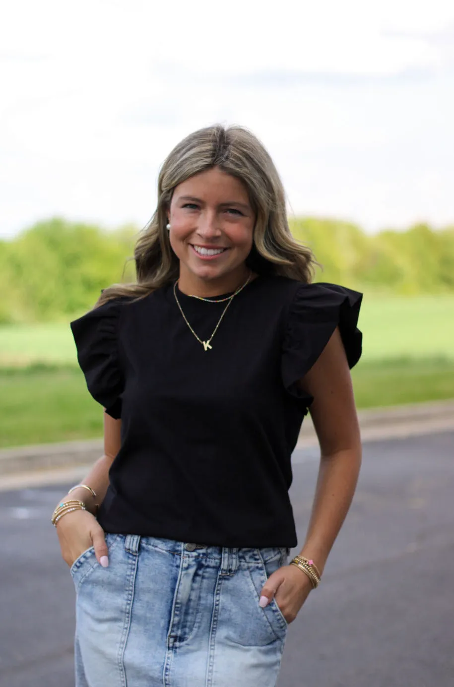 Poplin Ruffle Black Top