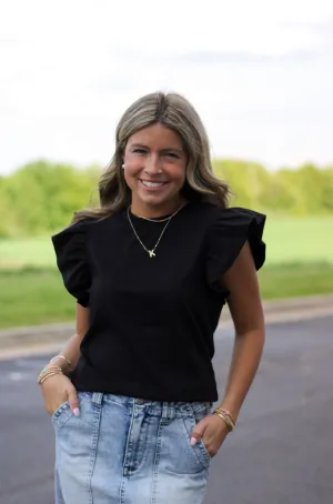 Poplin Ruffle Black Top