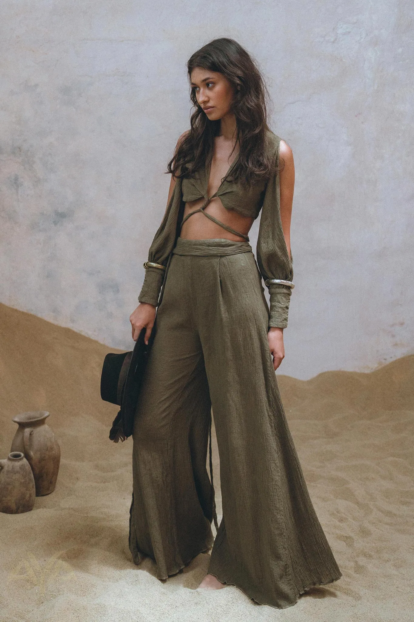 Sage Ambrosia Set Top and Pants • Adjustable Crop Top & Trousers • Boho Casual Set for Women