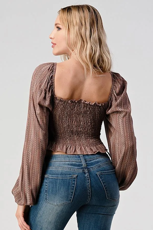 Smock Ruched Front Peasant Blouse Top With Ditsy