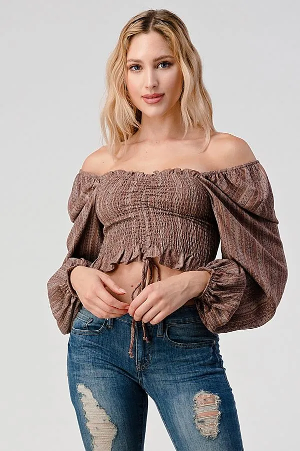 Smock Ruched Front Peasant Blouse Top With Ditsy