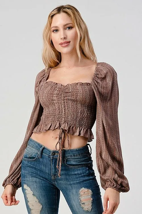 Smock Ruched Front Peasant Blouse Top With Ditsy