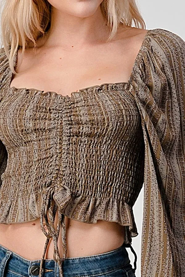 Smock Ruched Front Peasant Blouse Top With Ditsy