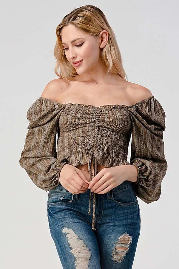 Smock Ruched Front Peasant Blouse Top With Ditsy