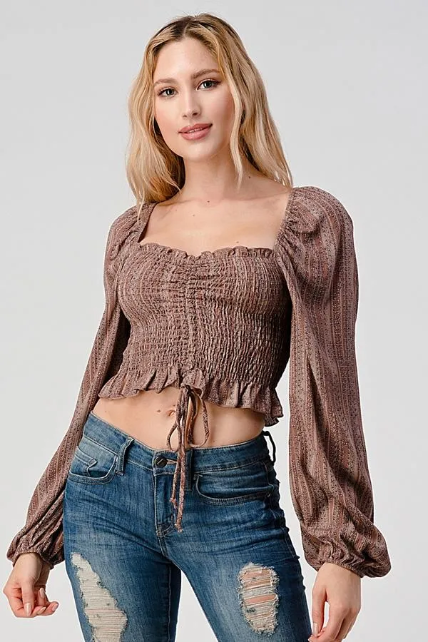 Smock Ruched Front Peasant Blouse Top With Ditsy