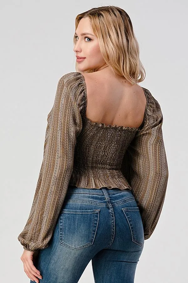 Smock Ruched Front Peasant Blouse Top With Ditsy