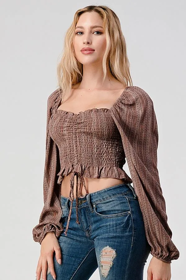 Smock Ruched Front Peasant Blouse Top With Ditsy