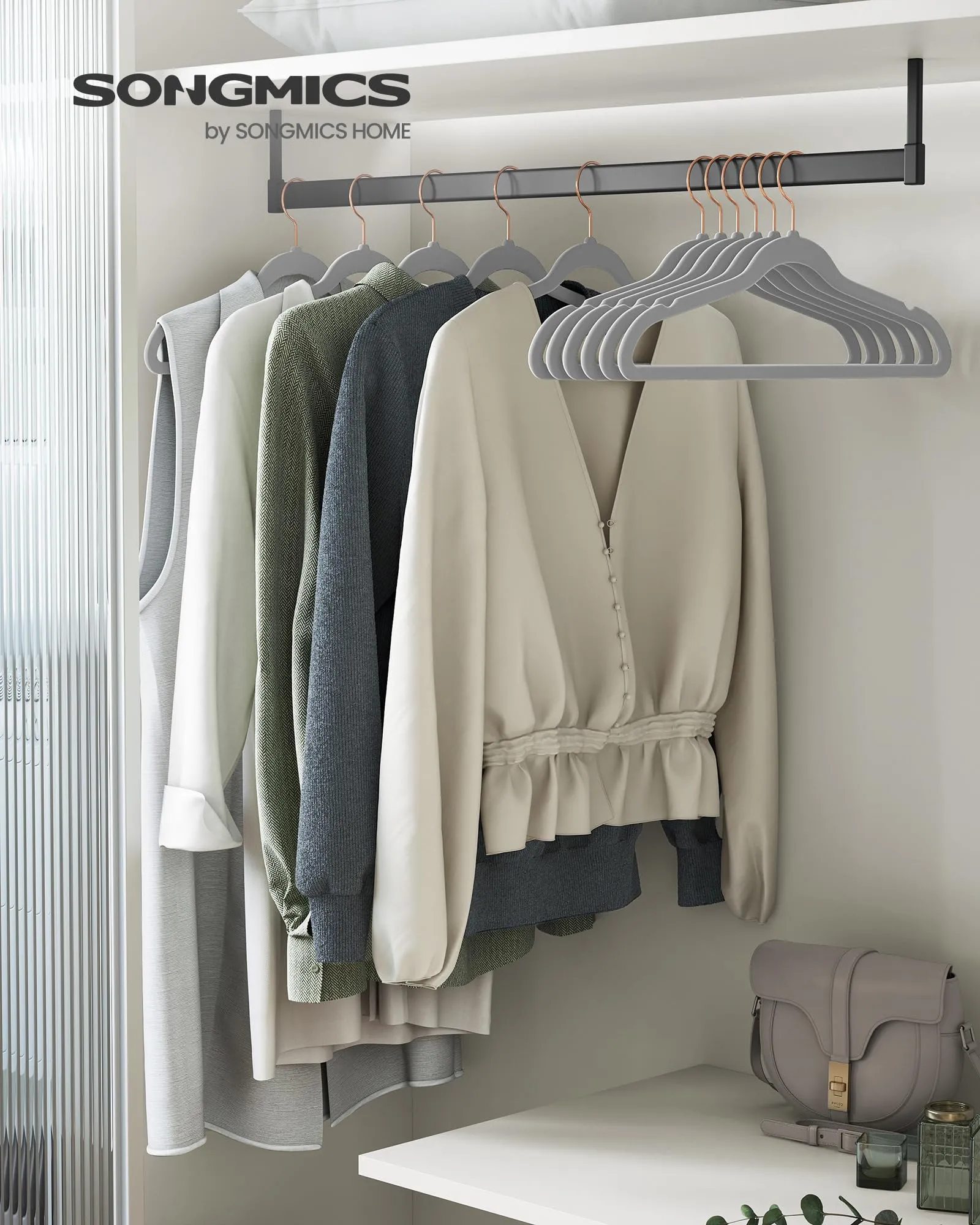 SONGMICS Velvet Hangers 30 Pack, Non-Slip Hangers with Rose Gold-Colored Swivel Hooks, Slim Space-Saving Hangers, Velvet Hangers for Closet, Heavy-Duty Hangers, Dove Gray UCRF026G30
