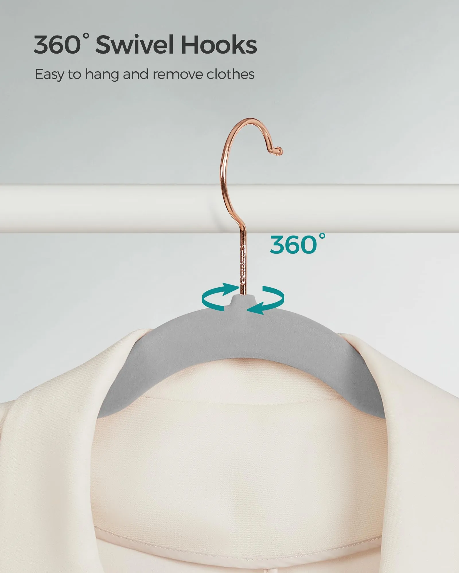 SONGMICS Velvet Hangers 30 Pack, Non-Slip Hangers with Rose Gold-Colored Swivel Hooks, Slim Space-Saving Hangers, Velvet Hangers for Closet, Heavy-Duty Hangers, Dove Gray UCRF026G30