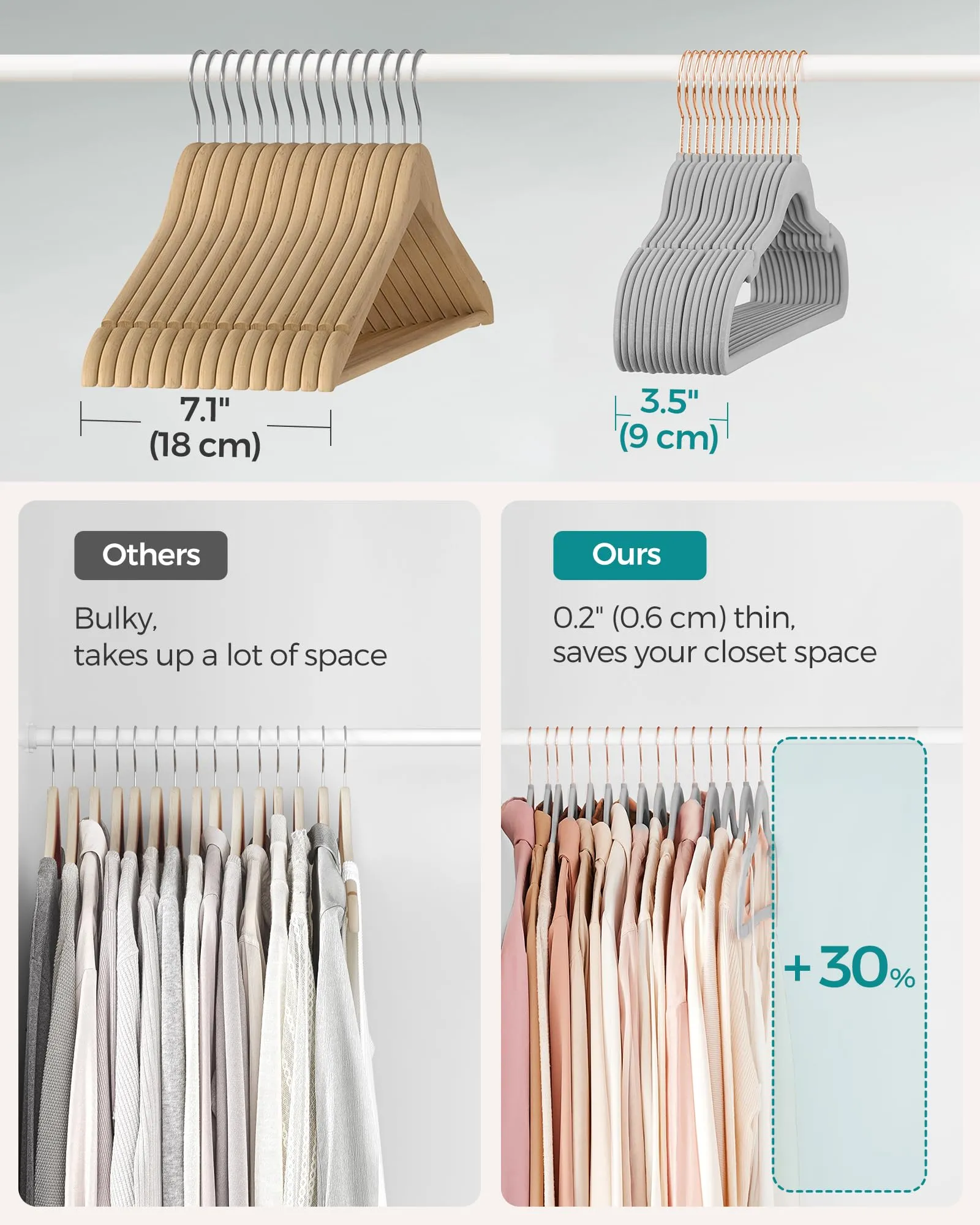 SONGMICS Velvet Hangers 30 Pack, Non-Slip Hangers with Rose Gold-Colored Swivel Hooks, Slim Space-Saving Hangers, Velvet Hangers for Closet, Heavy-Duty Hangers, Dove Gray UCRF026G30