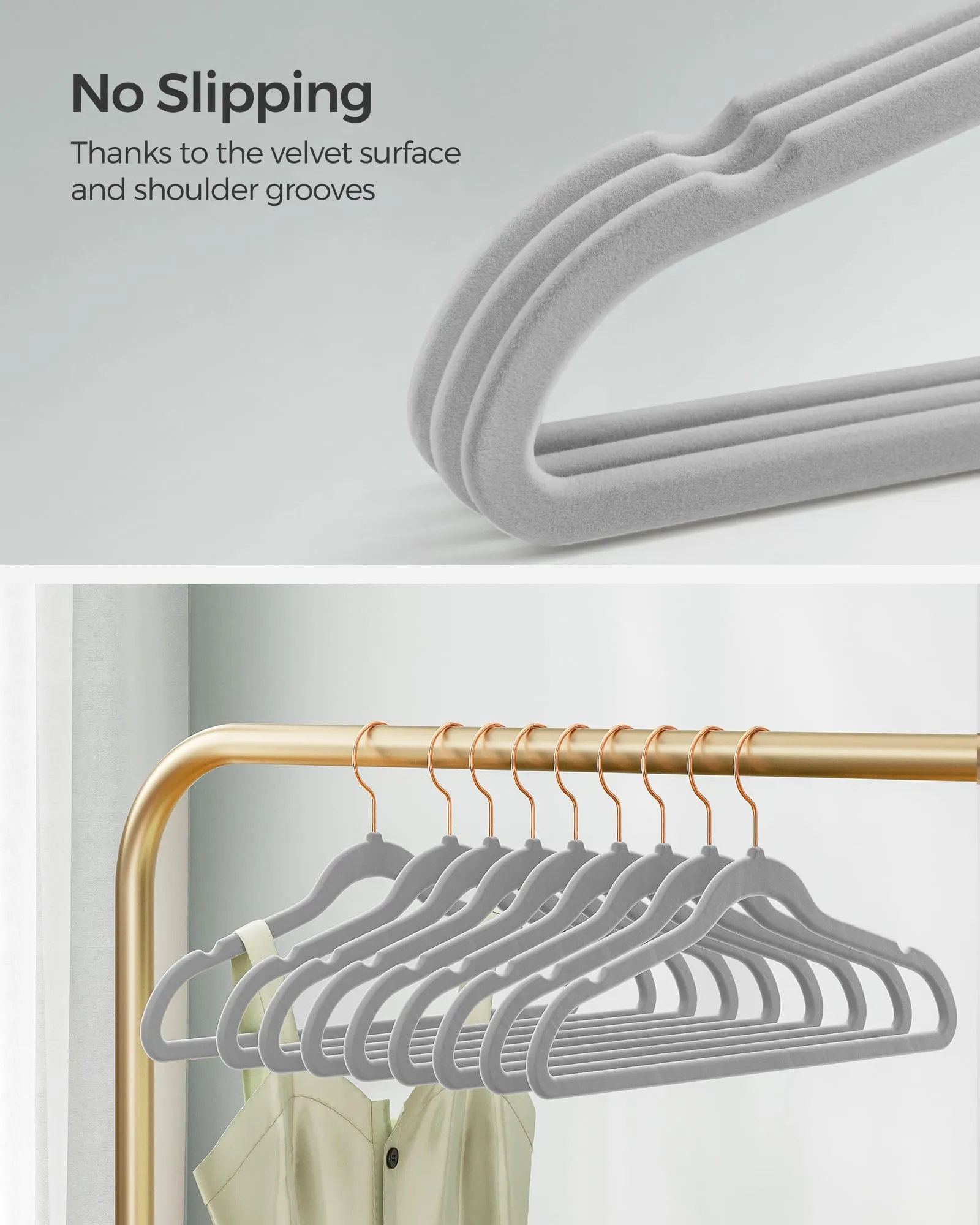 SONGMICS Velvet Hangers 30 Pack, Non-Slip Hangers with Rose Gold-Colored Swivel Hooks, Slim Space-Saving Hangers, Velvet Hangers for Closet, Heavy-Duty Hangers, Dove Gray UCRF026G30