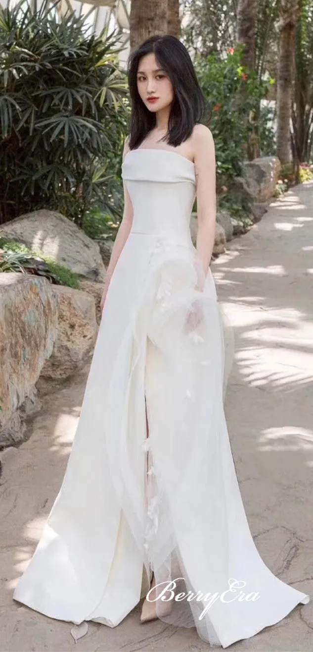 Strapless Ivory Long Sheath Wedding Dresses, Side Slit Chic Wedding Dresses, Country Wedding Dresses