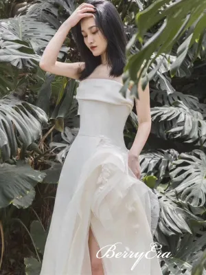 Strapless Ivory Long Sheath Wedding Dresses, Side Slit Chic Wedding Dresses, Country Wedding Dresses