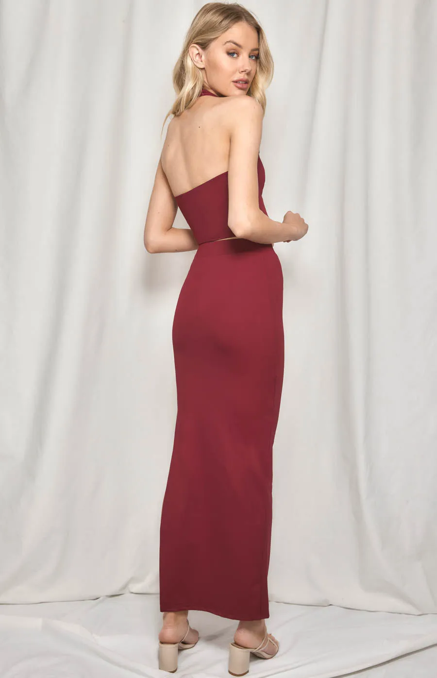 Stretch Bodycon Set with Halter Top and Maxi Skirt