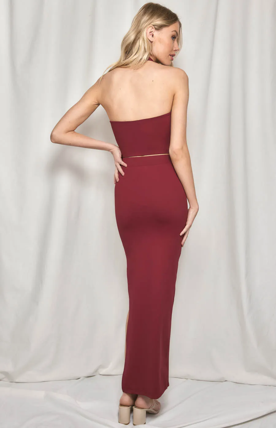 Stretch Bodycon Set with Halter Top and Maxi Skirt