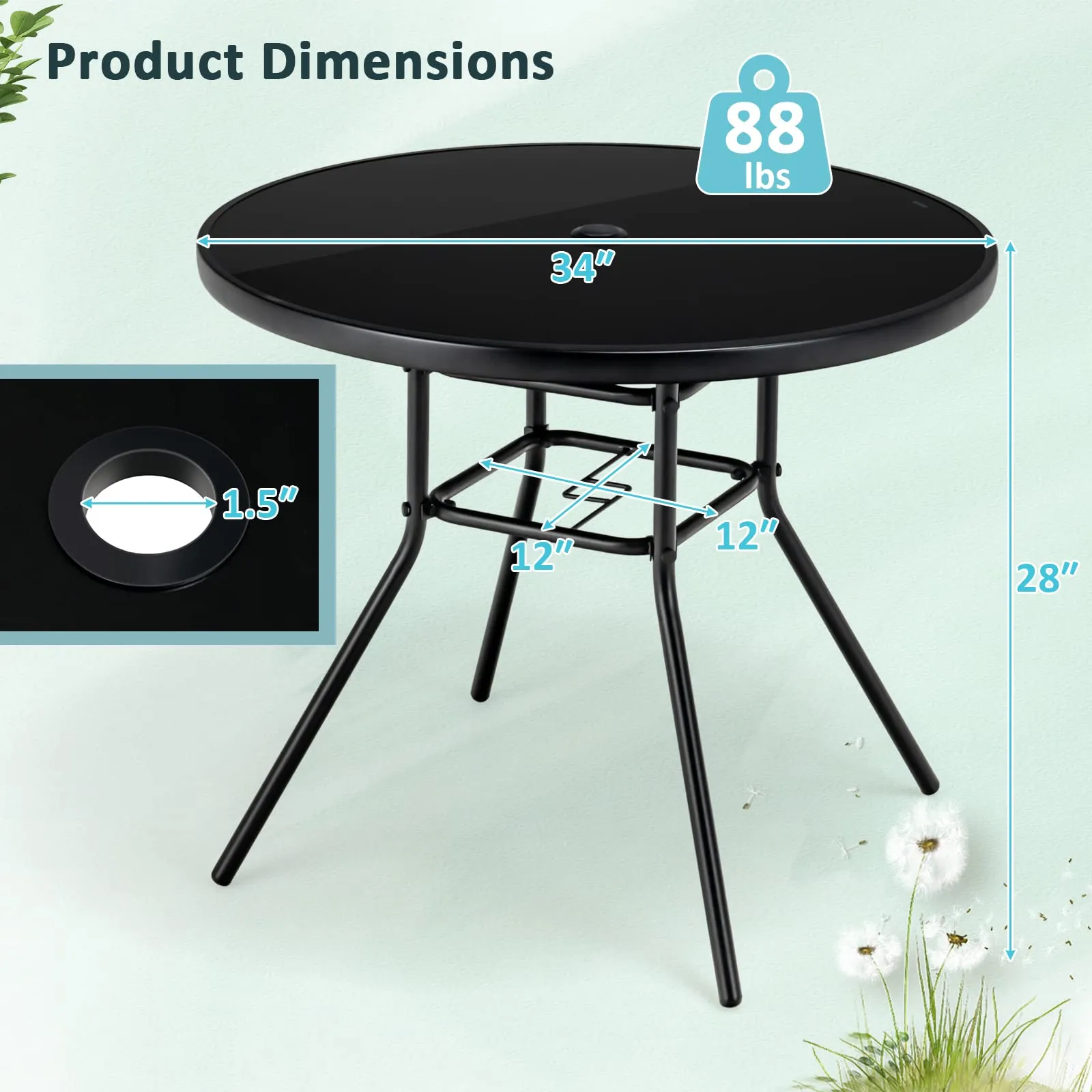 Tangkula 34 Inch Patio Dining Table, Round Tempered Glass Table with 1.5" Umbrella Hole