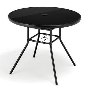Tangkula 34 Inch Patio Dining Table, Round Tempered Glass Table with 1.5" Umbrella Hole