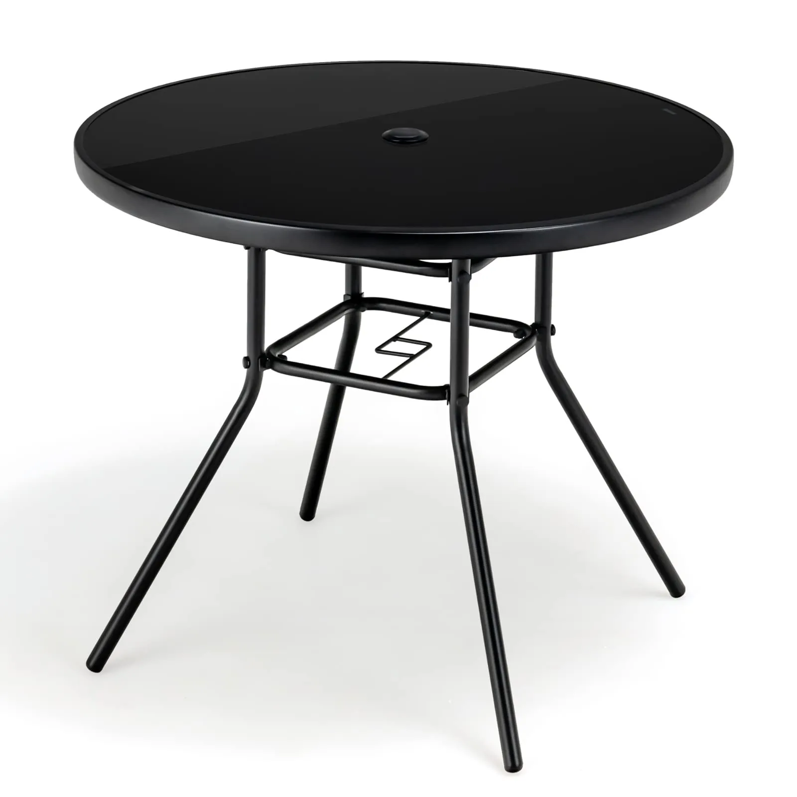 Tangkula 34 Inch Patio Dining Table, Round Tempered Glass Table with 1.5" Umbrella Hole