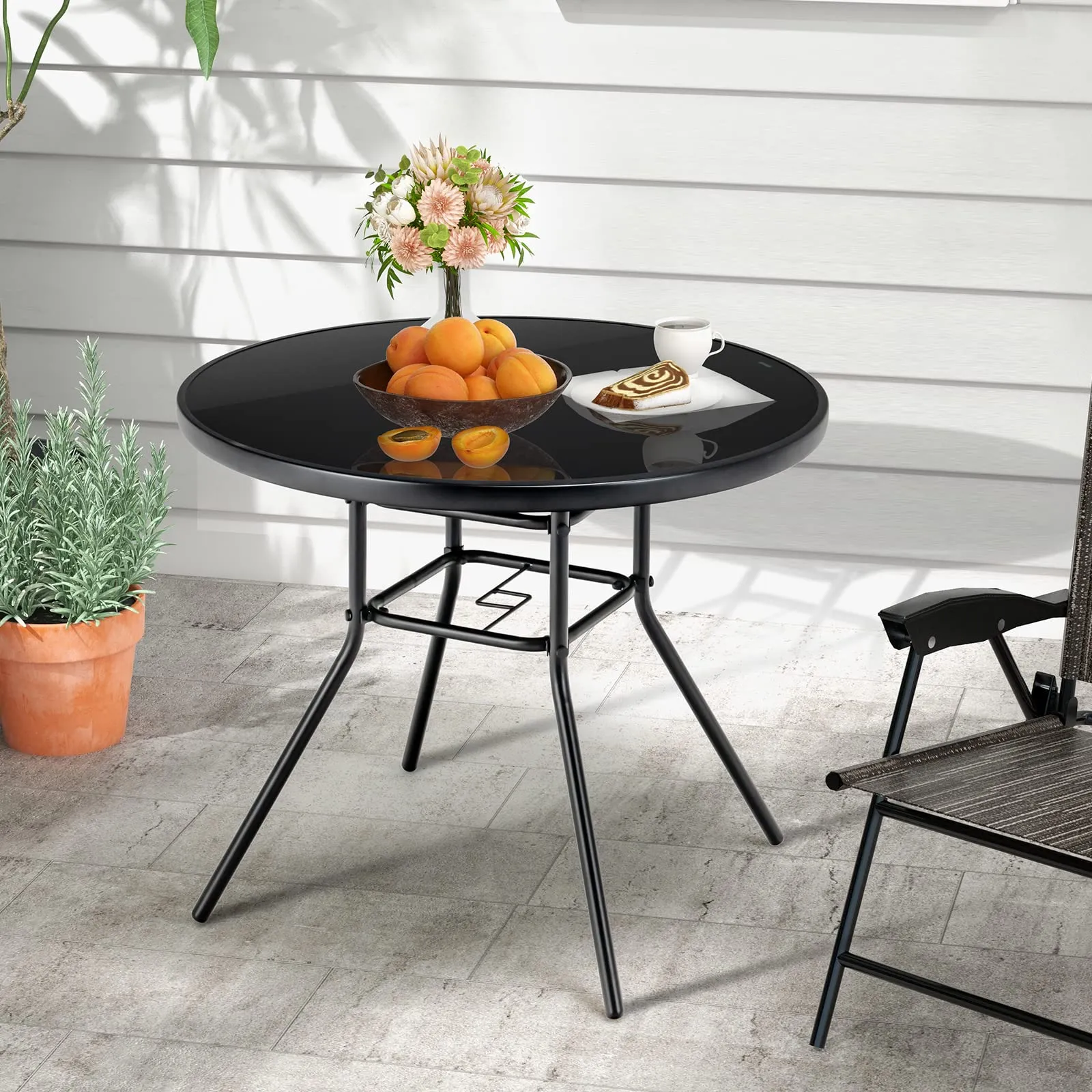 Tangkula 34 Inch Patio Dining Table, Round Tempered Glass Table with 1.5" Umbrella Hole