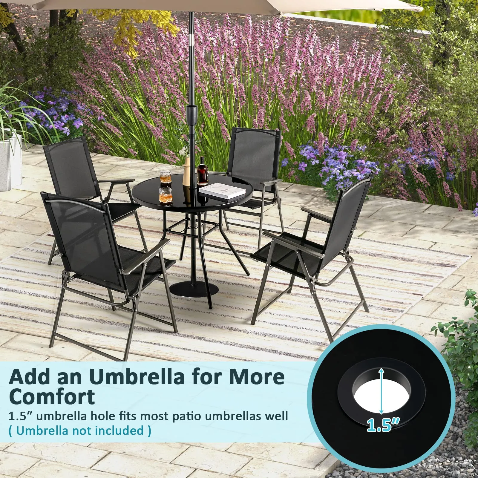 Tangkula 34 Inch Patio Dining Table, Round Tempered Glass Table with 1.5" Umbrella Hole