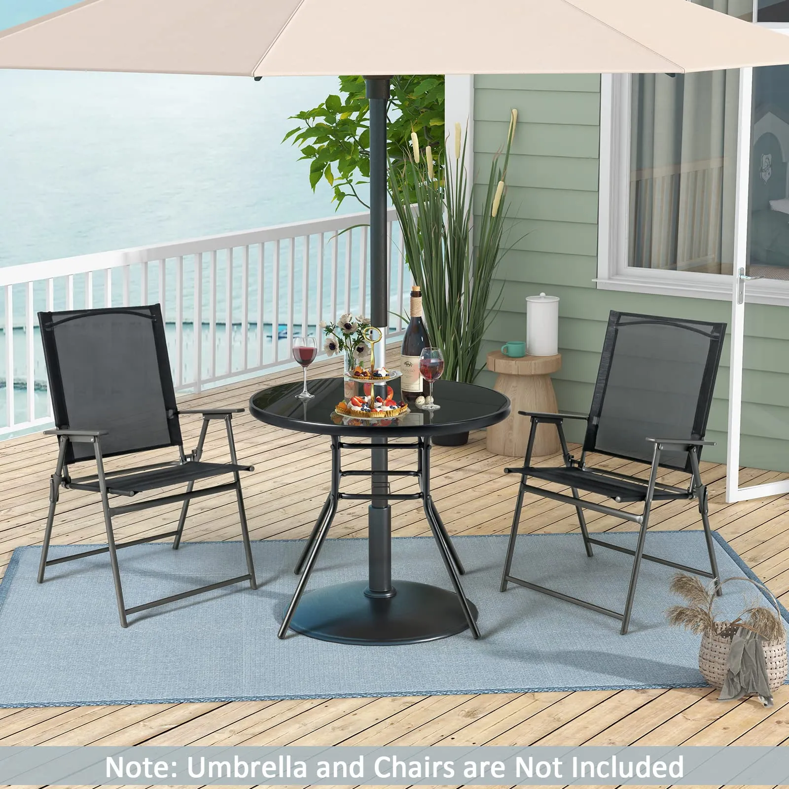 Tangkula 34 Inch Patio Dining Table, Round Tempered Glass Table with 1.5" Umbrella Hole