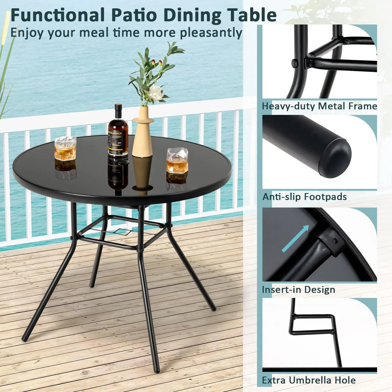 Tangkula 34 Inch Patio Dining Table, Round Tempered Glass Table with 1.5" Umbrella Hole