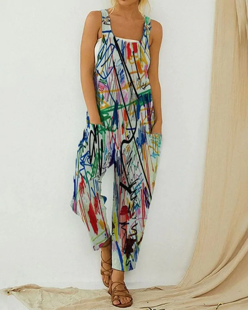 Vintage Abstract Print Bib Jumpsuit