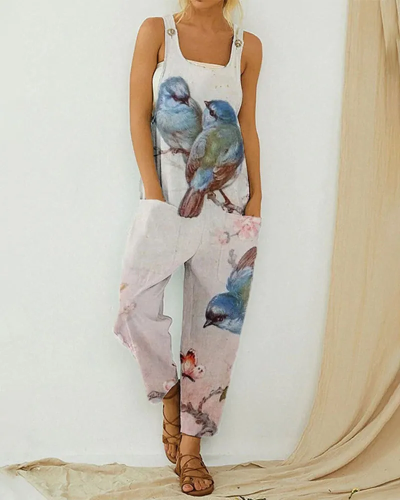 Vintage Abstract Print Bib Jumpsuit