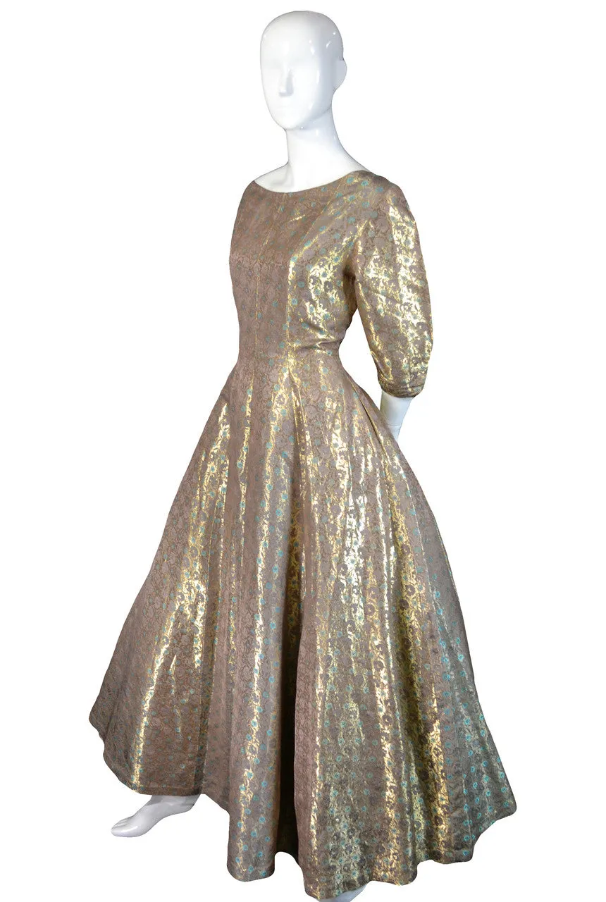 Vintage Gold Metallic Hattie Carnegie Dress from 1950s with Aqua Details