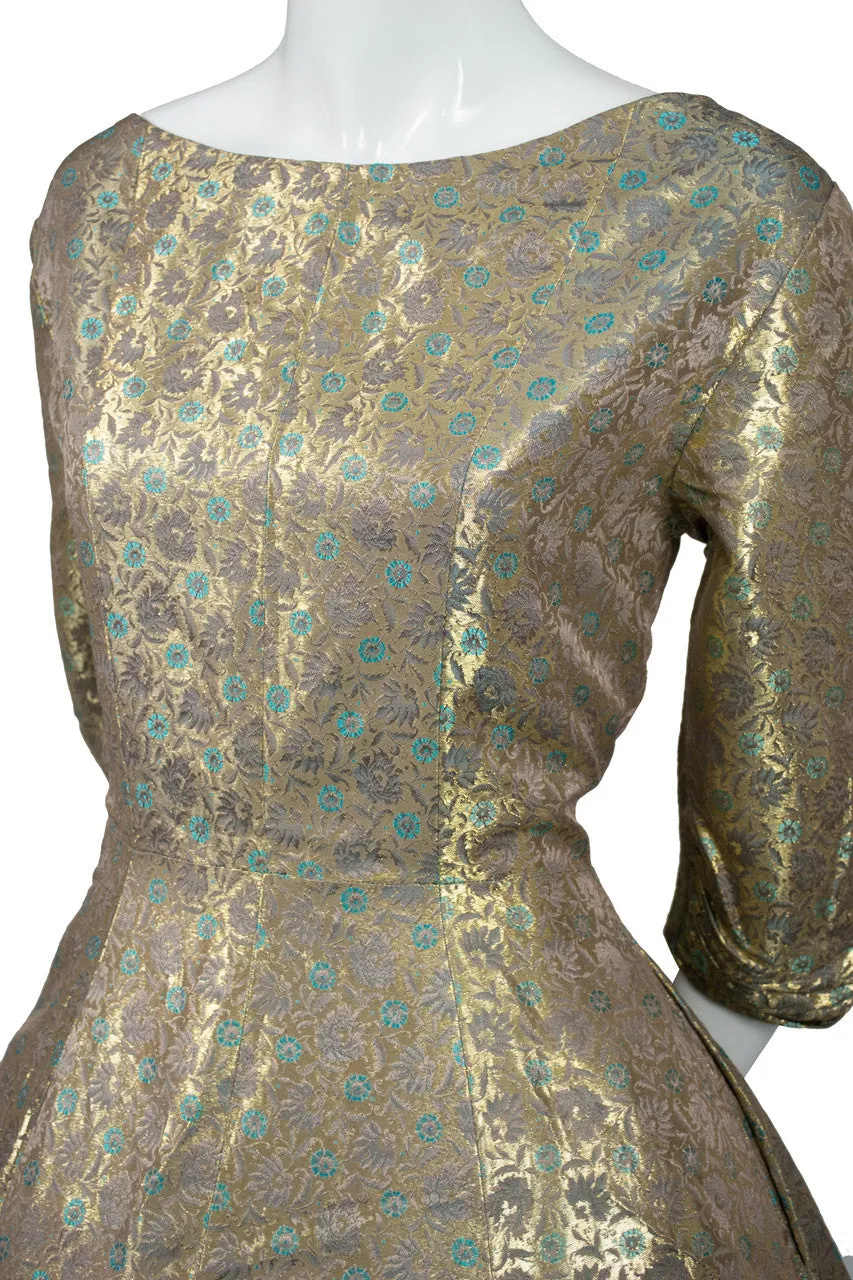 Vintage Gold Metallic Hattie Carnegie Dress from 1950s with Aqua Details