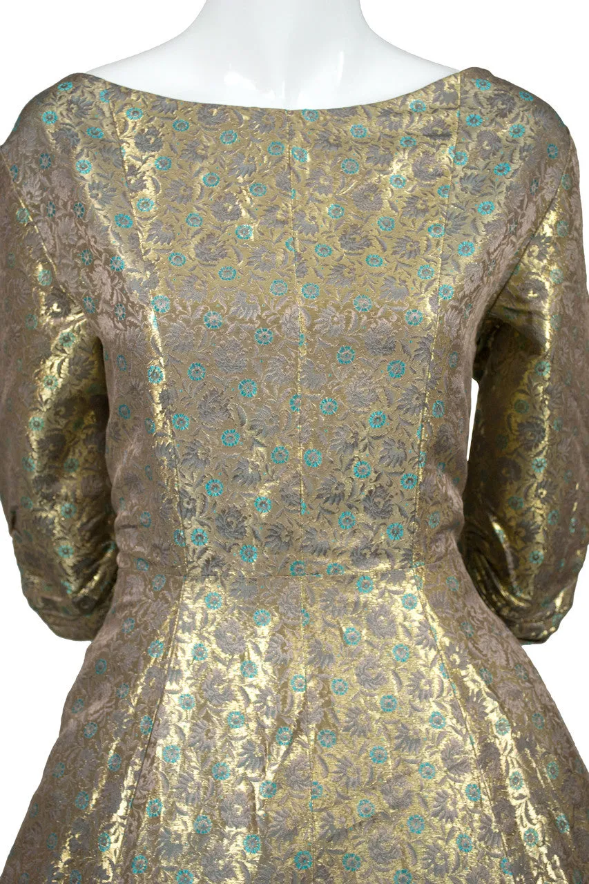 Vintage Gold Metallic Hattie Carnegie Dress from 1950s with Aqua Details