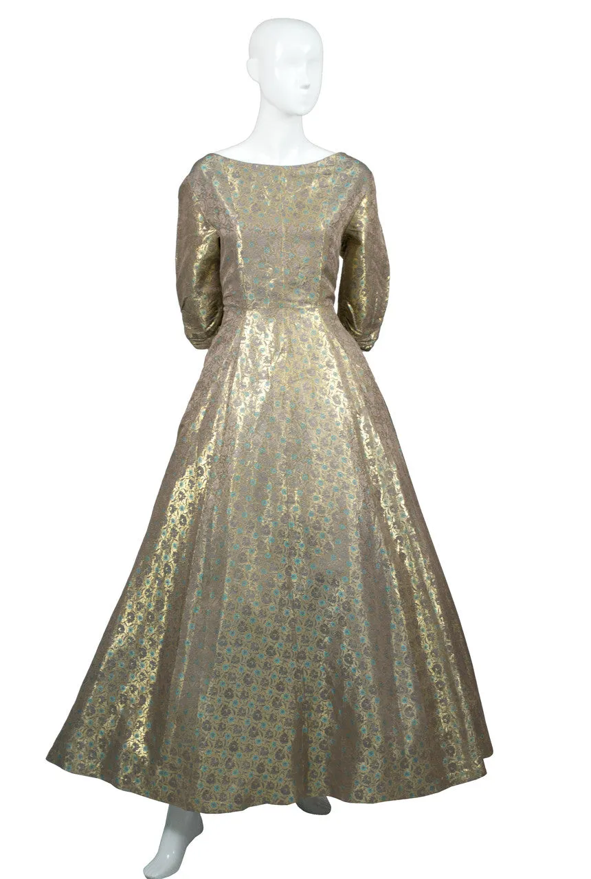 Vintage Gold Metallic Hattie Carnegie Dress from 1950s with Aqua Details