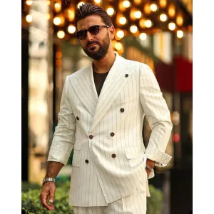 Wiaofellas  -  White Striped Men's Suits Elegant Peak Lapel Double Breasted Blazer with Pants Fashion Business Casual Daily Slim Male Suit