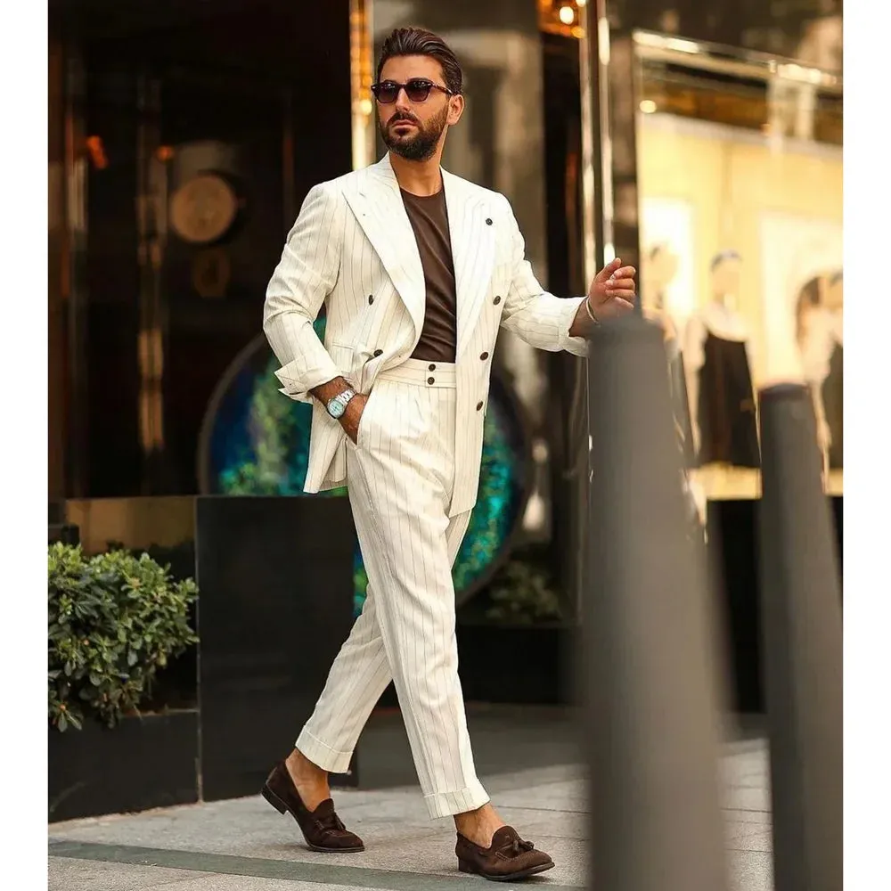 Wiaofellas  -  White Striped Men's Suits Elegant Peak Lapel Double Breasted Blazer with Pants Fashion Business Casual Daily Slim Male Suit