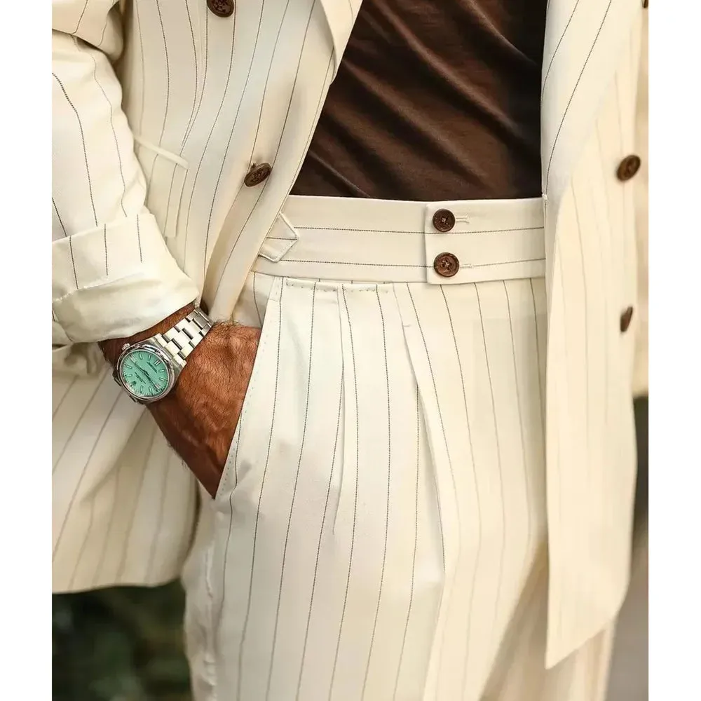 Wiaofellas  -  White Striped Men's Suits Elegant Peak Lapel Double Breasted Blazer with Pants Fashion Business Casual Daily Slim Male Suit